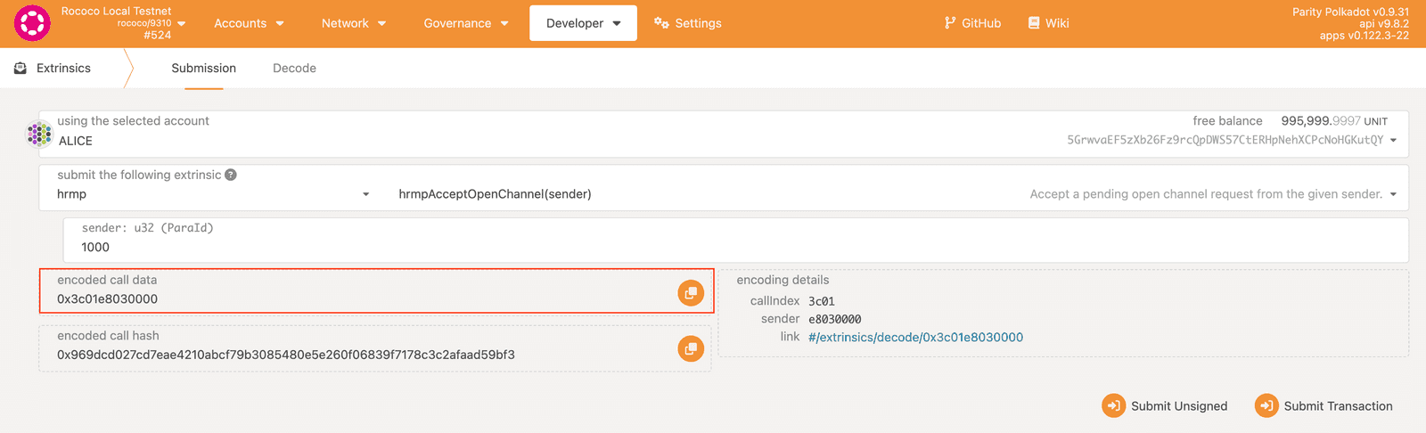 Copy the encoded call data